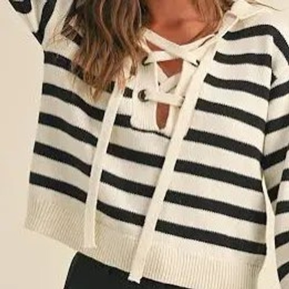 Marled‎ Striped Lace Up Pullover Sweater Cream Black Nautical Preppy Knit Size M